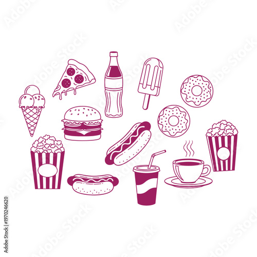 Colorful sketch of various fast foods and sweet treats on white background