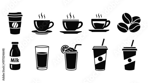 A collection of black coffee tea milk and juice beverages depicted as simple bold silhouettes high quality professional detailed modern elegant