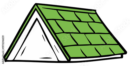 Illustration of a gabled roof structure with green shingles, cartoon design, architectural housing element