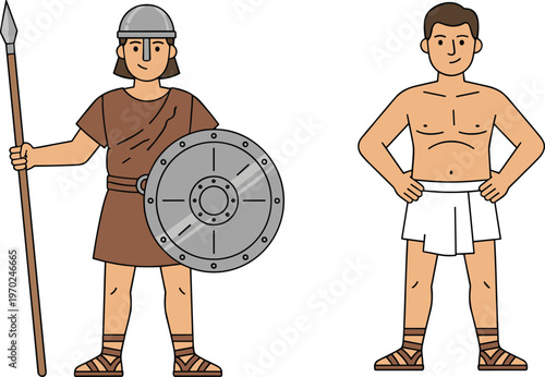 Ancient warrior and common man comparison illustration with armor, spear, shield, and clothing concept in cartoon style