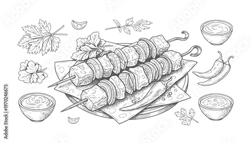 Hand drawn skewers of meat and onion with chili peppers and dipping sauces