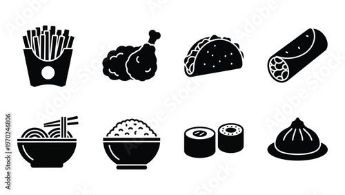 A collection of fast food items presented as black silhouettes including tacos sushi and fried chicken silhouette high quality professional detailed