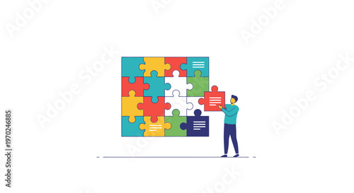 Person placing jigsaw puzzle piece into a colorful assembled arrangement representing problem solving connection and completion of a task or project in a conceptual representation of strategy