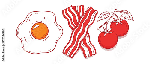 Breakfast illustration fried egg bacon and cherry tomatoes sketch