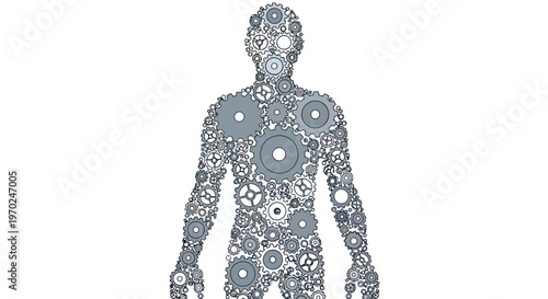 Humanoid figure comprised of various interlocking mechanical gears of different dimensions and shades of gray suggesting internal mechanisms and engineered physiology for technological