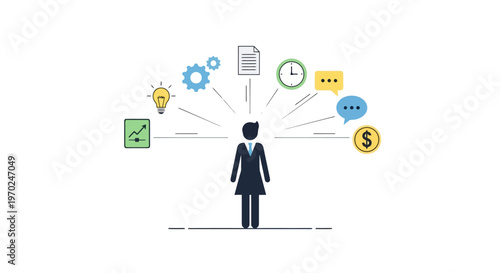 A business person standing and radiating symbols of career development strategic thinking financial growth communication and project management representing comprehensive professional skills and