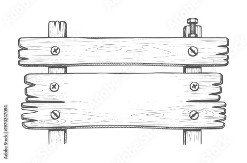 Hand drawn wooden sign with two planks and screws bolt