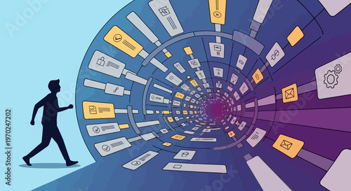 Silhouette figure walking toward a vibrant digital tunnel filled with abstract informational elements representing technology and data flow in a futuristic concept