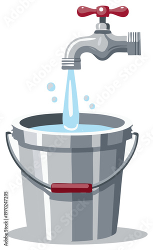 Illustration of a Metallic Bucket Filling with Clean Water from a Silver Faucet