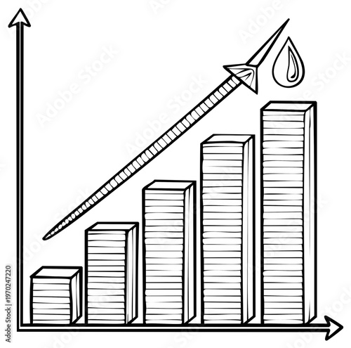 Business growth graph with arrow and oil drop, vector sketch illustration