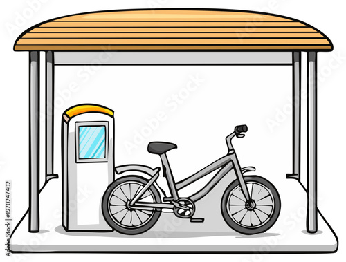 Bike parked under a shelter near a charging station illustration