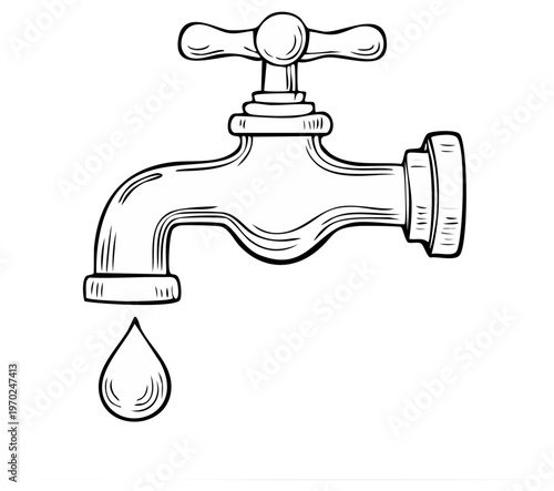 Simple line drawing of a classic water tap with a single drop of water falling