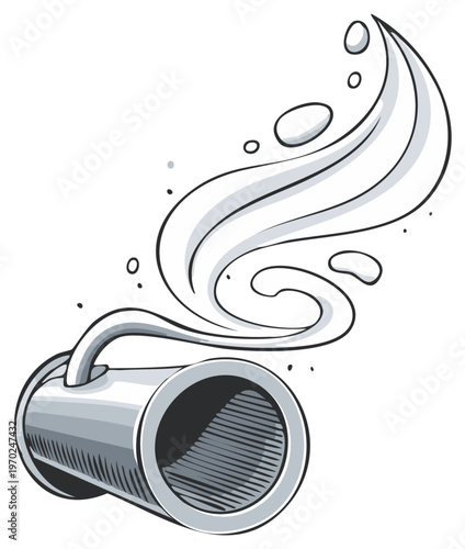 Stylized Illustration of a Metal Pipe Emitting a Swirl of Smoke and Liquid Droplets