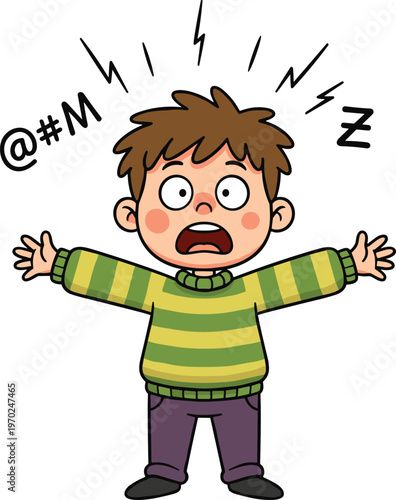 Cartoon child reaction illustration with frustration, surprise, and expressive emotion concept in playful style