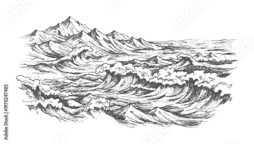 Mountain range overlooking a turbulent ocean with crashing waves water