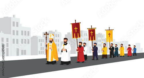 A religious procession with a bishop, priests, and other figures carrying banners and crosses walks along a city street.