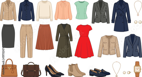 Set of women's professional business attire, office clothing, and elegant fashion accessories, cad drawing flat vector illustration