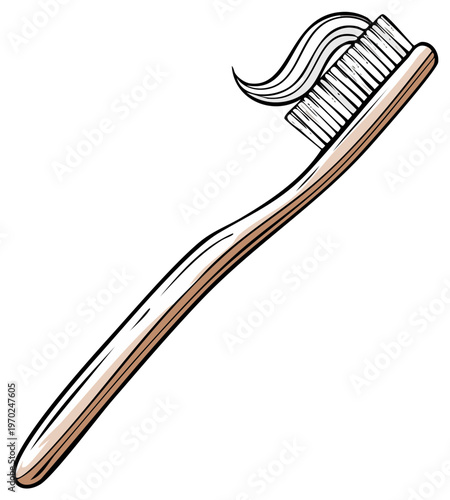 Toothbrush with toothpaste, wooden toothbrush, hygiene and oral care, dental health, personal care item for teeth cleaning