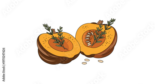 A rustic hand-drawn illustration features two halves of a roasted winter squash garnished with fresh rosemary sprigs and scattered seeds on a white base.