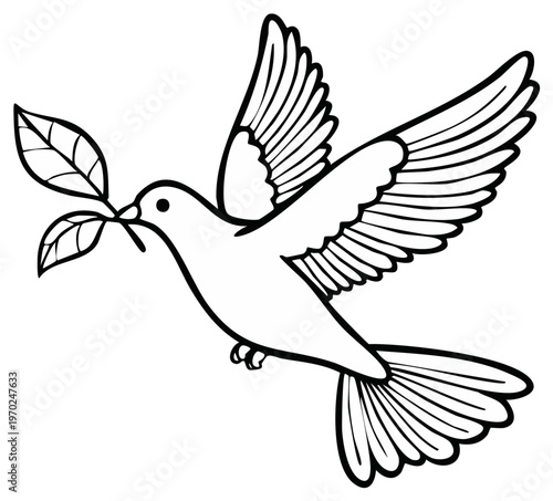 Black and white line drawing of a dove in flight holding a branch with leaves in its beak