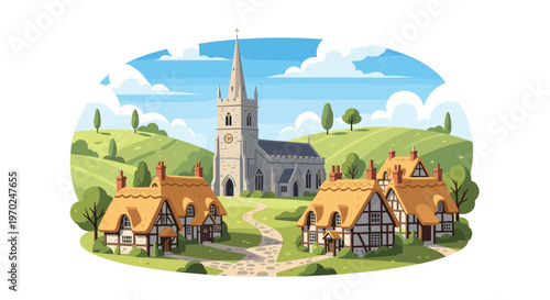 An idyllic English village features a prominent grey church with a tall spire, surrounded by rolling green hills and thatched-roof cottages.