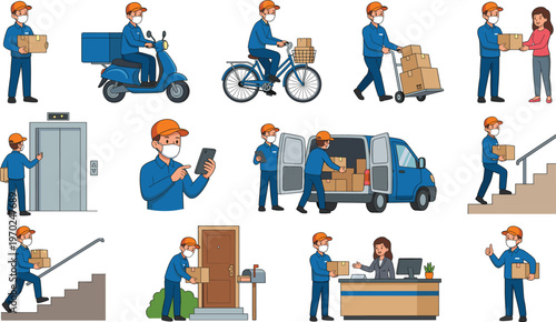 Set of delivery service icons featuring couriers in masks, transport vehicles, and packages, cad drawing flat vector illustration