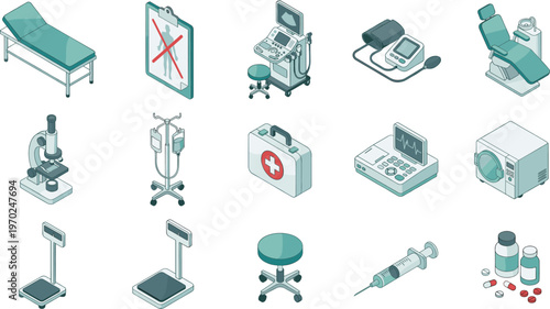 Set of medical equipment and healthcare icons for hospital clinic, cad drawing flat vector illustration