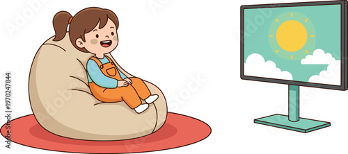 Cartoon child sitting on bean bag watching television with sun and cloud screen in cheerful leisure home scene