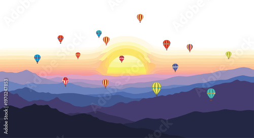 A multitude of brightly colored hot air balloons float in a clear sky above layered blue and purple mountains with a large yellow sun on the horizon.