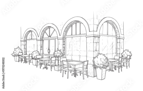 Of outdoor cafe seating with arched windows and potted plants tables chairs