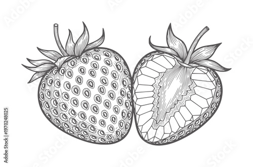 Of whole and halved strawberry with seeds and pulp fruit food