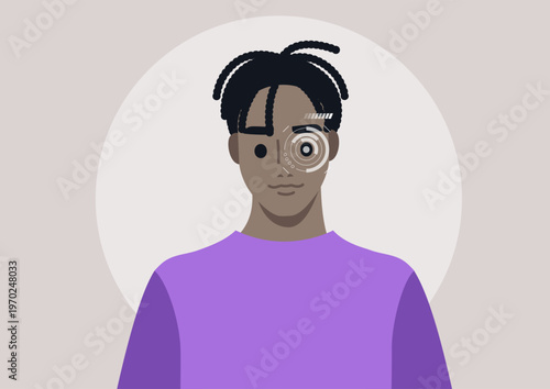 A creative depiction showcases the intricate eye retina recognition technology, It highlights the seamless blend of human features and digital advancement, emphasizing eye identification.