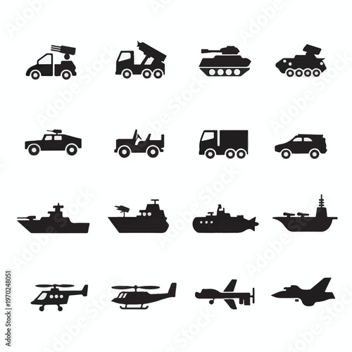 Grid of Military and Transportation Vehicle Icons military vehicle
