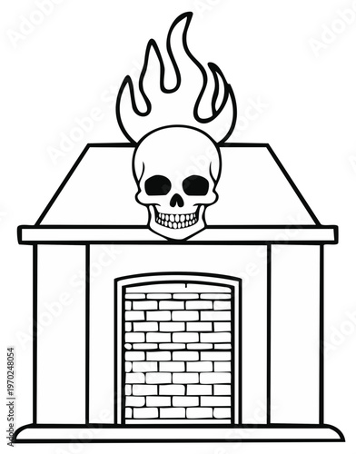 Skull with Flames Above a Fireplace Illustration
