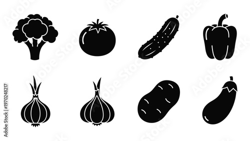 A collection of fresh vegetables including broccoli tomato cucumber and pepper presented as a stark silhouette high quality professional detailed modern