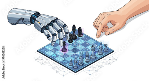 Artificial Intelligence vs Human Intelligence Concept: Robotic Hand and Human Hand Playing Chess on a Futuristic Digital Board