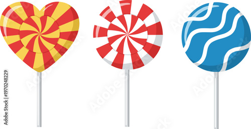 Cartoon colorful lollipops in vector illustration of heart, pinwheel, and round candy designs for sweet playful theme