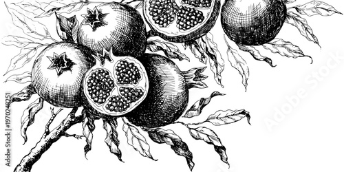 Hand-drawn pomegranates with leaves on white background  