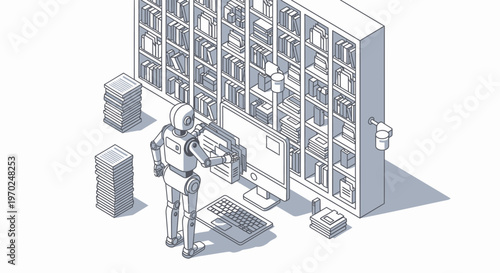 Isometric Illustration of an AI Robot Processing Big Data and Digital Archiving in a Library Office, Artificial Intelligence Information Management Concept