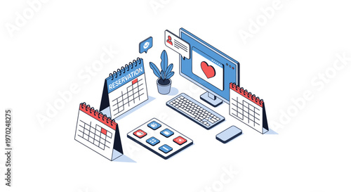 Isometric Online Reservation and Appointment Booking System Illustration with Desktop, Calendars, and Mobile Devices