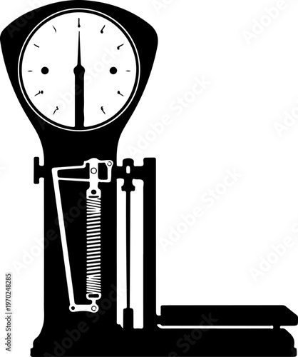 Vintage mechanical spring scale, black and white illustration, retro weighing machine, industrial vector icon