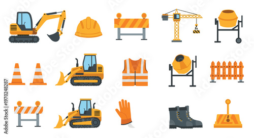 A collection of fifteen construction site elements including excavators, barriers, hard hats, and concrete mixers are arranged on a light background.