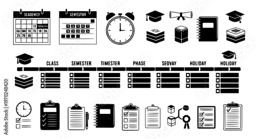Segmented Academic Calendar with Semester Timeline and Class Blocks Black Silhouette Vector Illustration