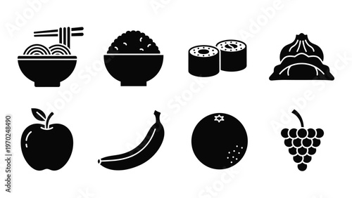 A collection of black silhouettes depicting various foods including noodles rice fruit and dumplings silhouette high quality professional detailed modern elegant