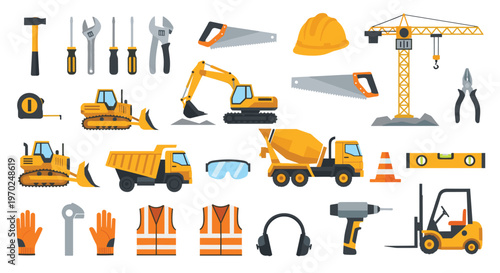 A comprehensive collection of twenty-seven construction tools and vehicles is neatly arranged on a light beige background.