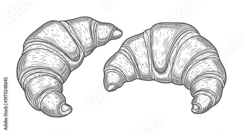 Two black and white hand drawn croissants a white pastry baking food breakfast