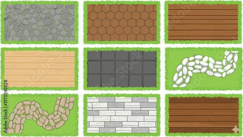 Cartoon floor and ground textures in colorful vector illustration of stone, wood, tile, brick, and paving design