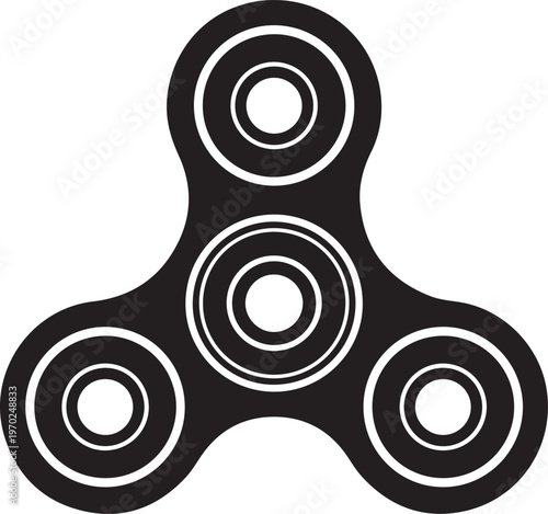 Black silhouette of a three-pronged fidget spinner toy with multiple concentric circles, isolated.