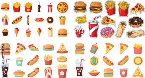 Collection of Delicious Fast Food Icon Set with Burgers, Pizza, French Fries, Hot Dogs, Soft Drinks, Donuts, and Ice Cream for Digital Media Designs, Apps, and Websites