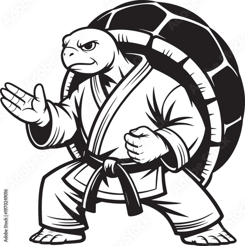 Martial arts turtle character in fighting stance with shell